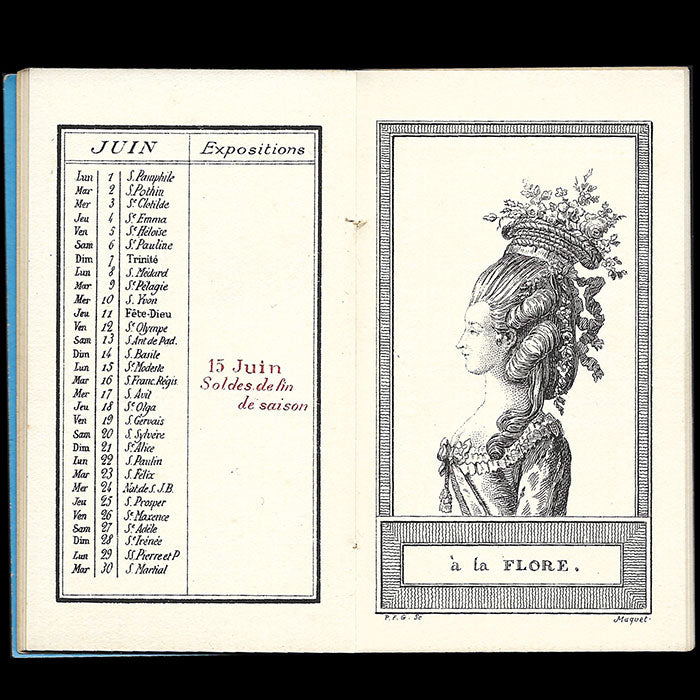 Aux Trois Quartiers - Calendrier des Modes pour l'année 1914, illustrée de coiffures du XVIIIème siècle