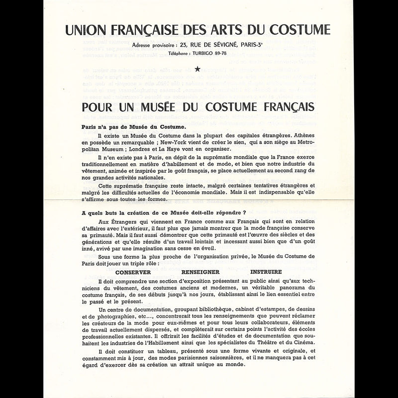 UFAC - Pour un Musée du Costume Français, document de l'Union Française des Arts du Costume (1951)