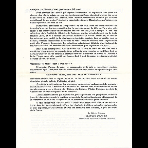 UFAC - Pour un Musée du Costume Français, document de l'Union Française des Arts du Costume (1951)