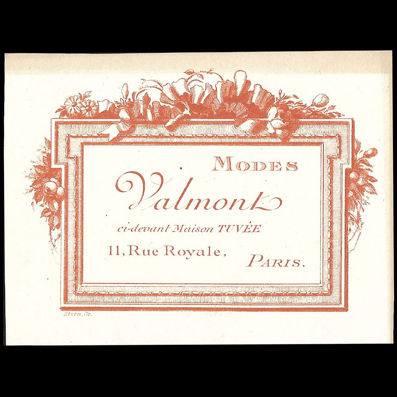 Valmont - Carte de la maison de modes, 11 rue Royale à Paris (circa 1910)