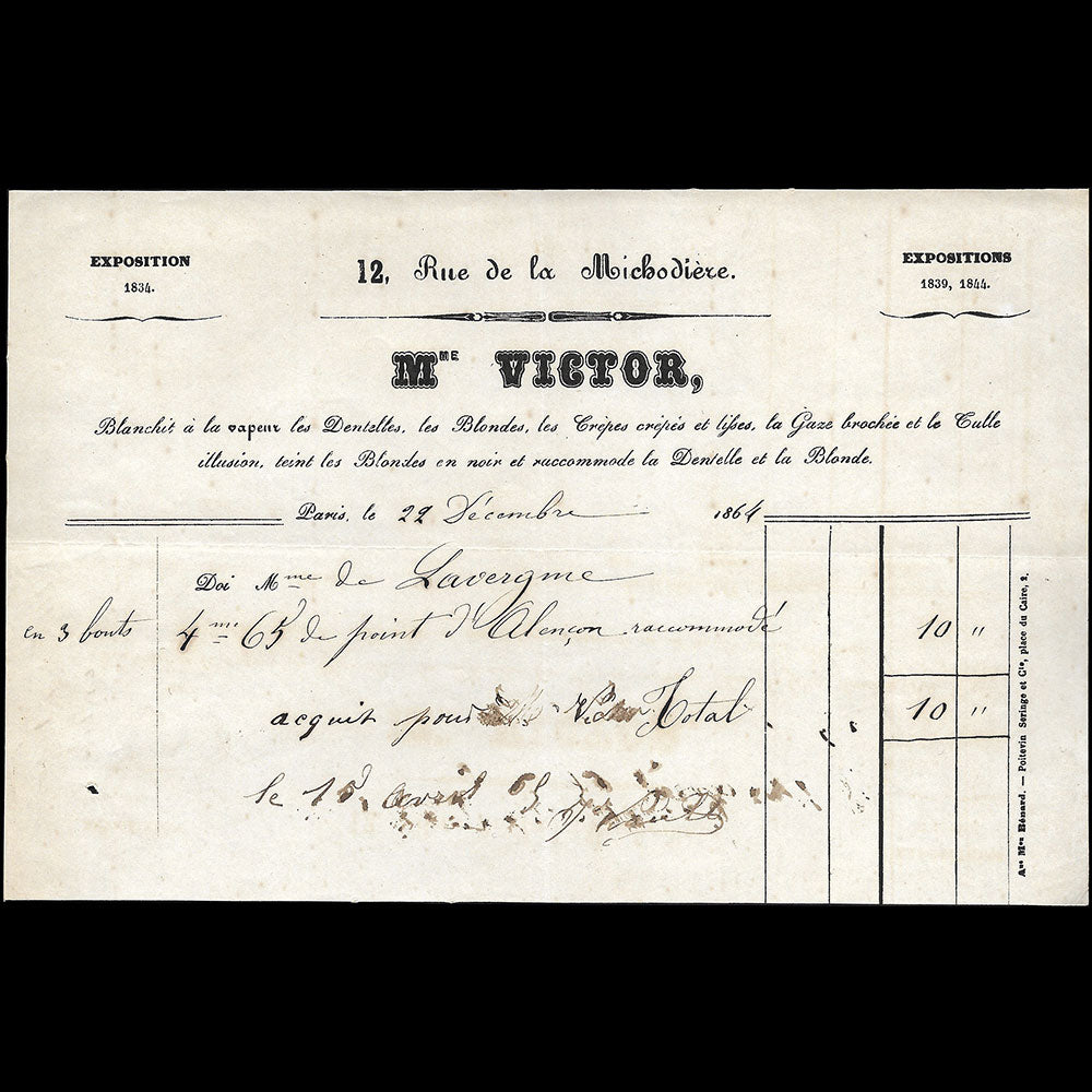 Madame Victor - Facture de la blanchisseuse, 12 rue de la Michodière à Paris (1864)
