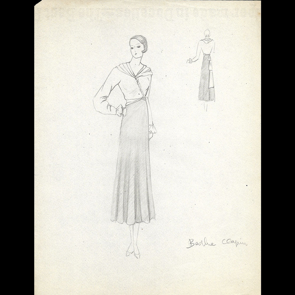 Vionnet - Dessin d'une robe par Berthe Clapin (circa 1930)