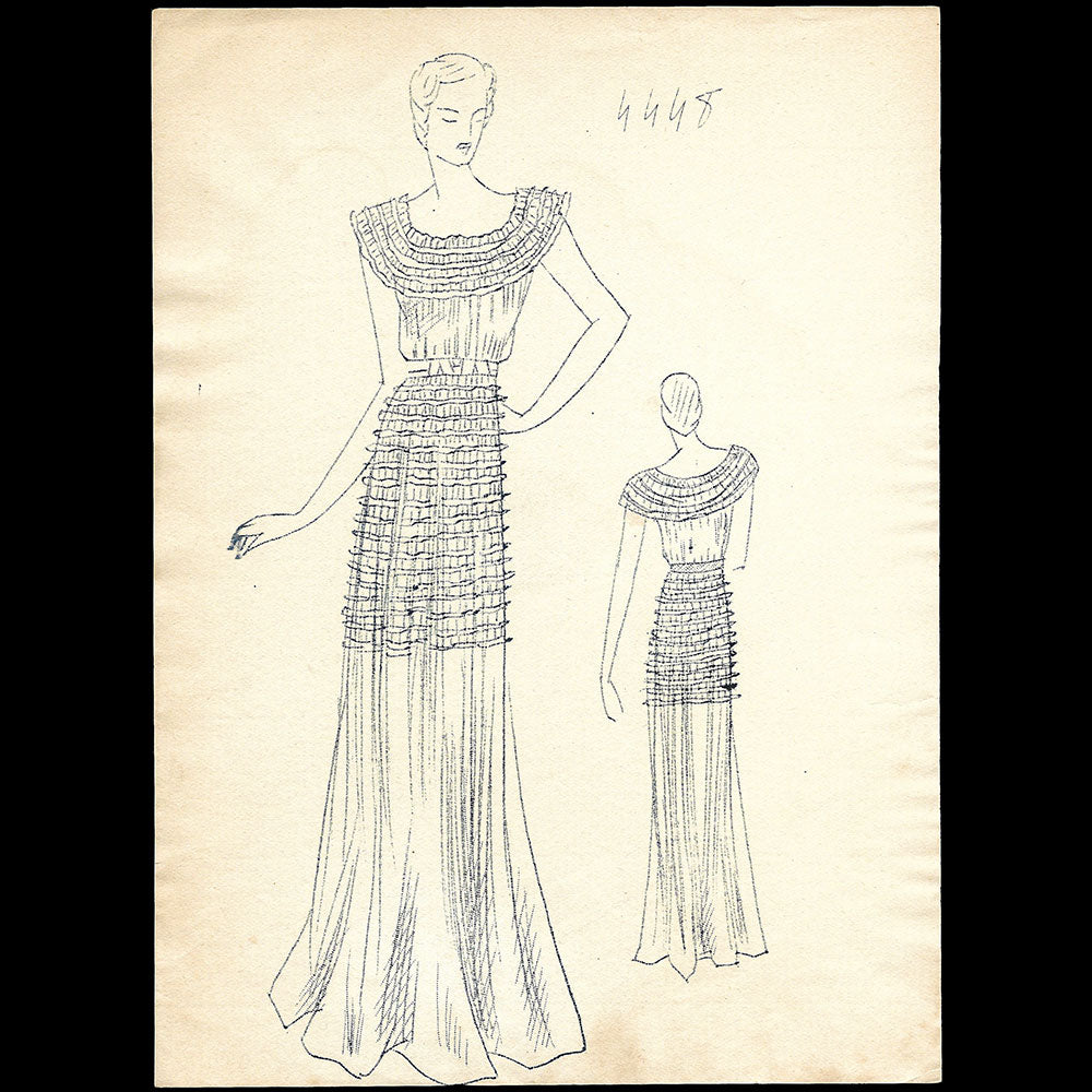 Vionnet - Ronéotype d'un dessin d'une robe du soir pour l'été 1938