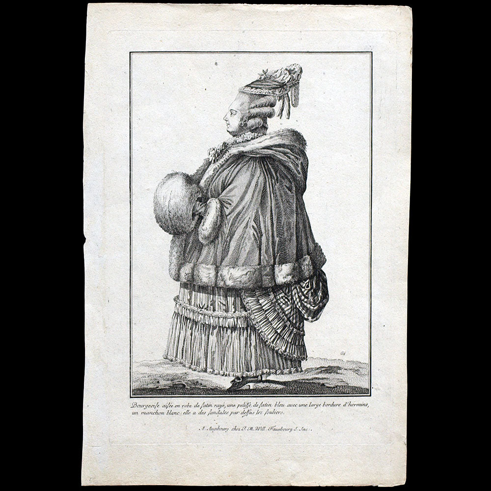 Gallerie des Modes et Costumes Français, gravure n° T 111, Bourgeoise aisée en robe de satin rayé (1779), copie allemande